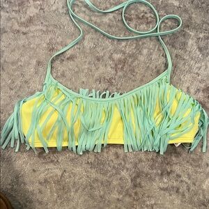 Victorias Secret Pink Size L Fringe Halter Bikini Top Swimsuit Yellow and Aqua
